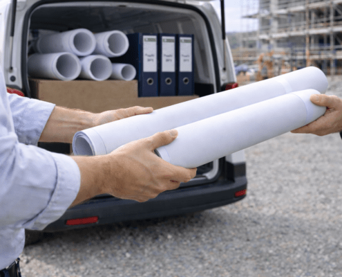 Übergabe von Bauplänen auf Baustelle